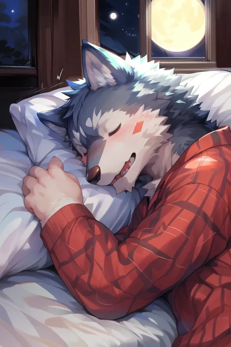 masterpiece, best quality, motion, by kiyosan, by t.y.stars, by null-ghost,
furry, wolf, solo, male, pajamas, on bed, cute, sleepeace, sleeping,
detailed background, night, moonlight, <lora:SleePeace2:1>