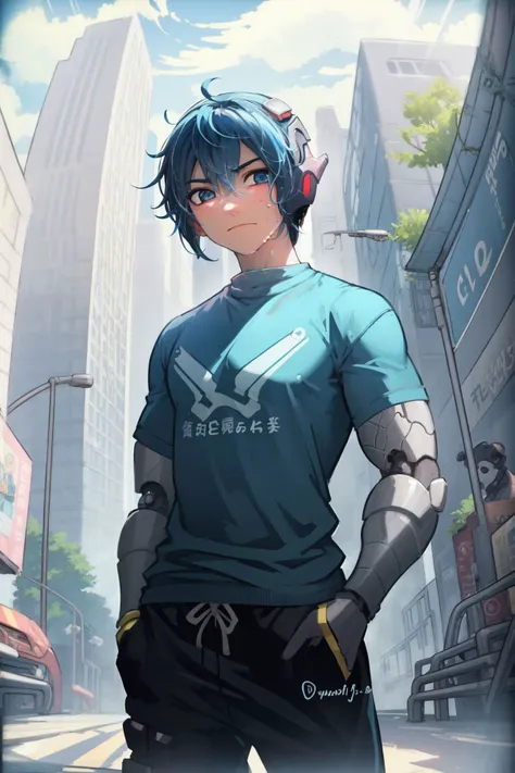solo, (1boy:1.1), cyborg, looking at viewer, blue hair, blue sweatpant, outdoors, cowboy shot <lora:tanziya_(codlxcold)_style_v01:1>