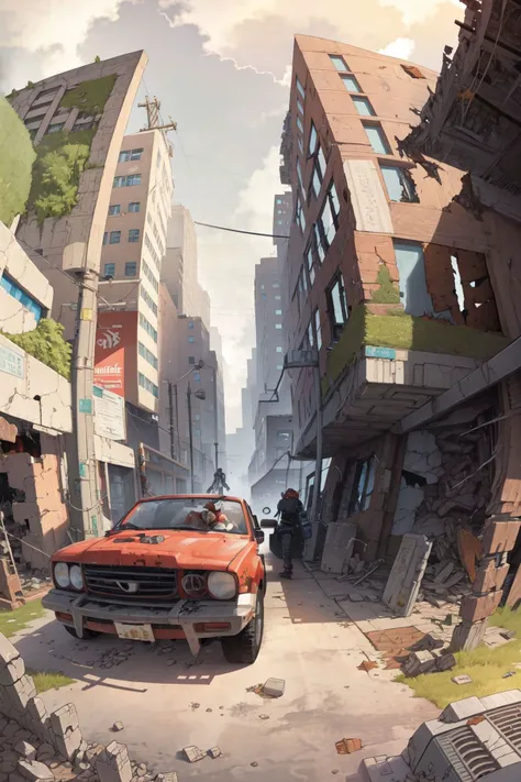 scenery, battlefield, robots, cyborg, damaged buildings, ruin, utility pole <lora:tanziya_(codlxcold)_style_v01:1>