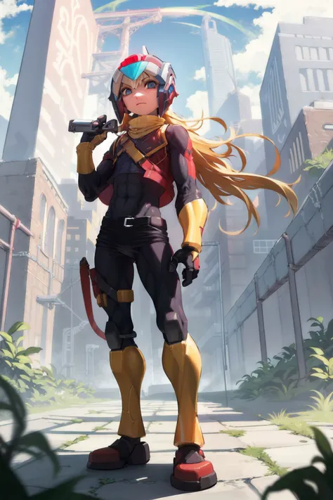 (solo, 1boy, male focus, standing:1.1), cyborg, helmet, looking at viewer, blonde hair, long hair, outdoors <lora:tanziya_(codlxcold)_style_v01:1>