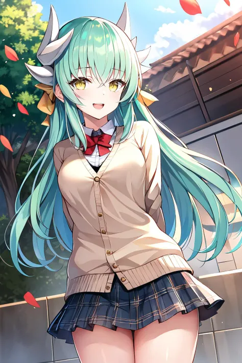 masterpiece, best quality, highres, aakiyo, long hair, (aqua hair:1.2), white horns, hair bow, yellow bow, yellow eyes, <lora:kiyohime_(lancer)_v1:0.8>, cardigan, plaid skirt, arms behind back, smile, open mouth, petals, outdoors <lora:sekaisaisoku-Style-v1_124378:1>
