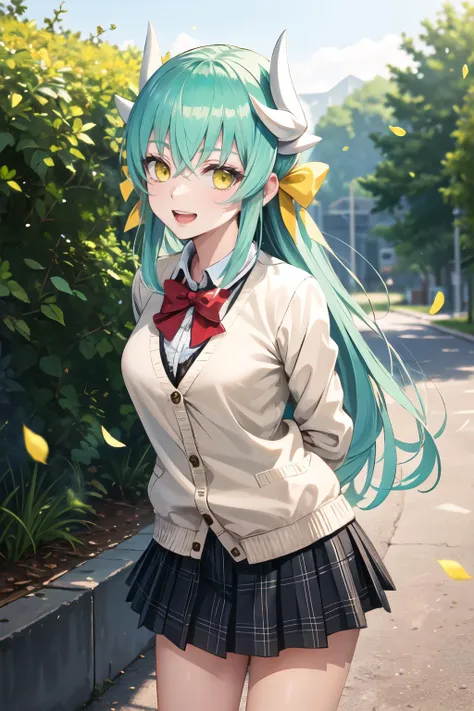 masterpiece, best quality, highres, aakiyo, long hair, (aqua hair:1.2), white horns, hair bow, yellow bow, yellow eyes, <lora:kiyohime_(lancer)_v1:0.8>, cardigan, plaid skirt, arms behind back, smile, open mouth, petals, outdoors <lora:sekaisaisoku-Style-v1_124378:1>