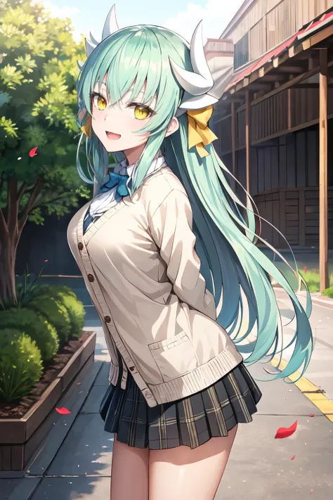 masterpiece, best quality, highres, aakiyo, long hair, (aqua hair:1.2), white horns, hair bow, yellow bow, yellow eyes, <lora:kiyohime_(lancer)_v1:0.8>, cardigan, plaid skirt, arms behind back, smile, open mouth, petals, outdoors <lora:sekaisaisoku-Style-v1_124378:1>