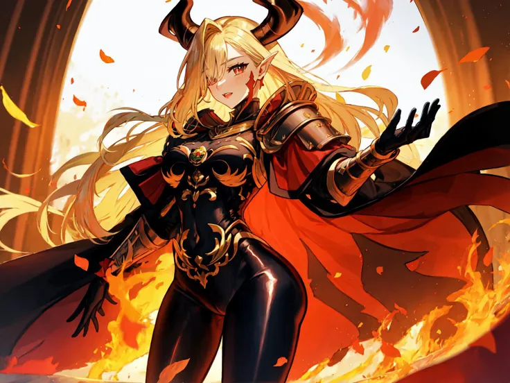 (extremely detailed CG), (best quality), cowboy shot, QueenDraco, QueenDracoHead, hair over one eye, cape, fur trim, horns,1girl, perfect face, absurdly long hair, Red eyes, bright pupils, (finely detailed beautiful eyes), shiny skin, lustrous skin, wide hips, black pantyhose, cameltoe, falling rose petals, Flames background, panoramic <lora:[Sex Eyes] QueenDraco:0.7>