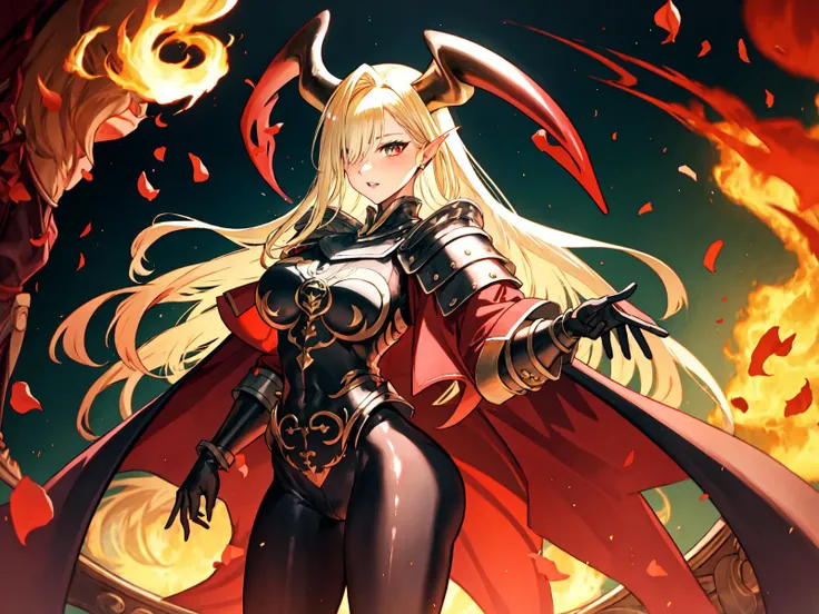 (extremely detailed CG), (best quality), cowboy shot, QueenDraco, QueenDracoHead, hair over one eye, cape, fur trim, horns,1girl, perfect face, absurdly long hair, Red eyes, bright pupils, (finely detailed beautiful eyes), shiny skin, lustrous skin, wide hips, black pantyhose, cameltoe, falling rose petals, Flames background, panoramic <lora:[Sex Eyes] QueenDraco:0.7>