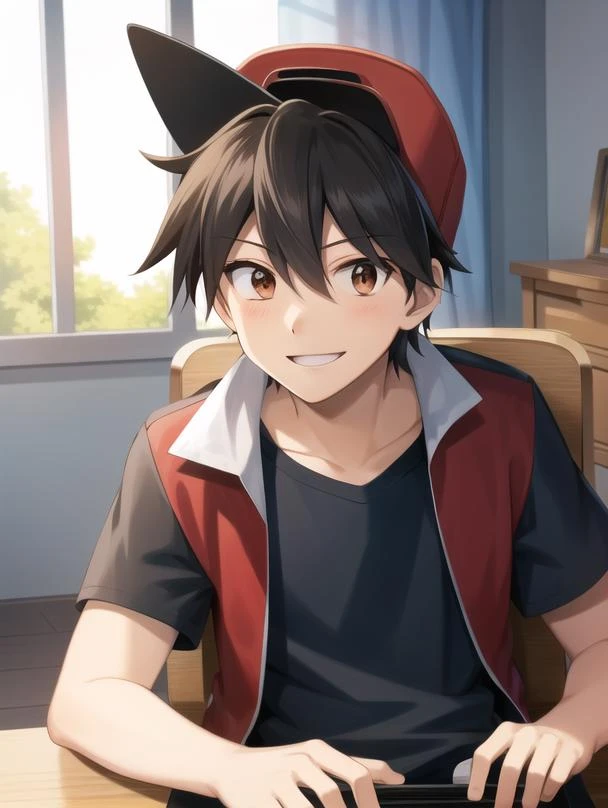 PokespeRed, jacket, shirt, black shirt, jeans, blue jeans, indoors, gaming chair, 1boy, sitting, gaming, smile, foward cap, red cap, brown eyes, solo, determined, upper body, mouse, red jacket, table, open jacket, side view, snack, <lora:PokespeRed:0.8>