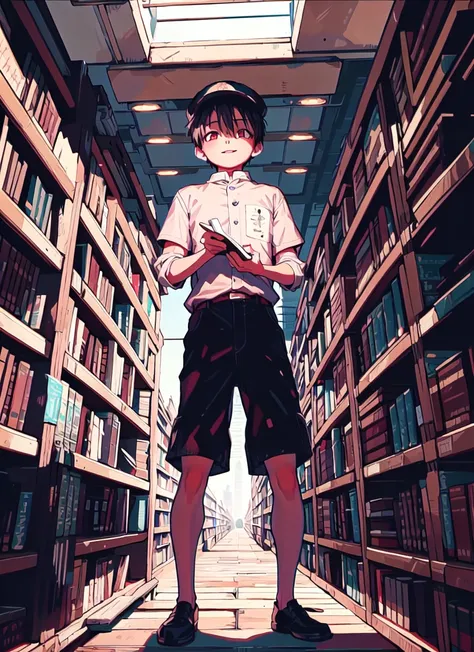 masterpiece, best quality, full body, hyper realistic art of a boy, broken old tv, mystical, hat, smile, looking at viewer, post apocalypse, glowing eyes, ((library))<lora:toiletBoundHanakoKun_hanakoKun:1> , dark, hyper realistic, interesting