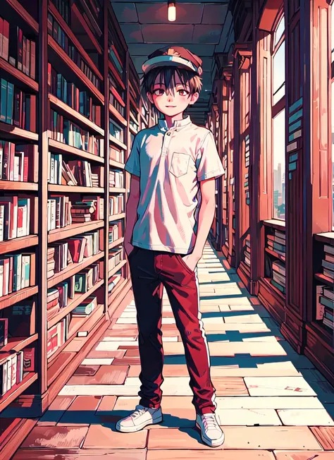 masterpiece, best quality, hyper realistic full body art of a boy, hands, standing, indoor, interesting composition, broken old tv, mystical, hat, smile, looking at viewer, post apocalypse, glowing eyes, ((library))<lora:toiletBoundHanakoKun_hanakoKun:1> , dark, hyper realistic, interesting,