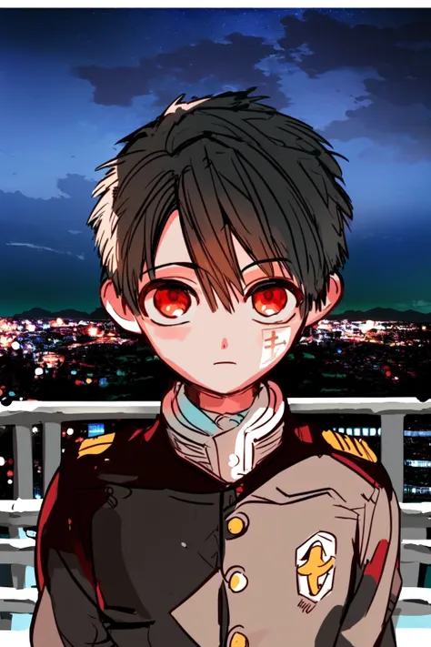 masterpiece, best quality, 1boy, uniform, arcane style,looking at viewer,night, city, solo, standing, upper body, short hair,