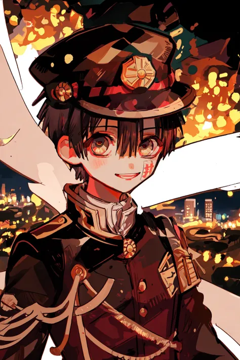 masterpiece, best quality, 1boy, uniform, arcane style,looking at viewer,night, city, solo, standing, upper body, short hair, smile,black hat,