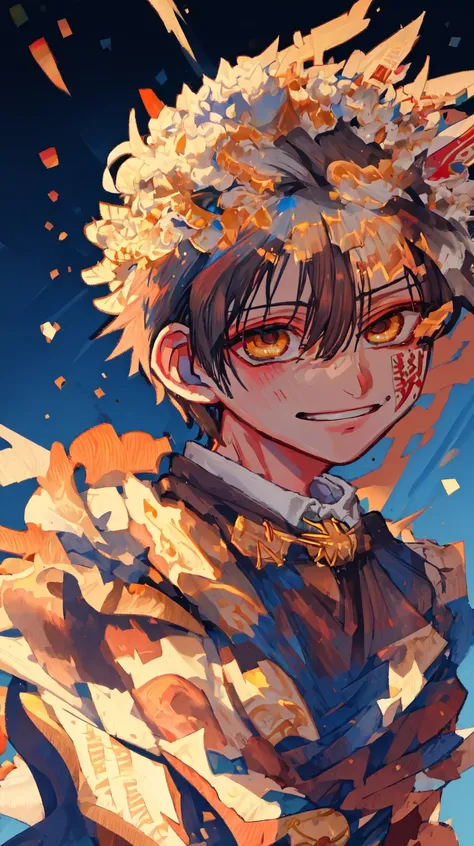 <lora:eyeLora_v10:1>, Masterpiece, best quality, 1boy, closeup of face, steam,ashes, (close up),simple background ,<lora:hanako:1.1>,grin,