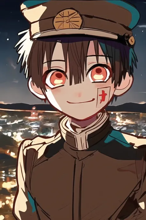 masterpiece, best quality, 1boy, uniform, arcane style,looking at viewer,night, city, solo, standing, upper body, short hair, smile,black hat,