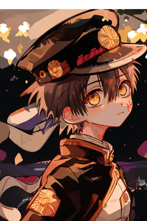 masterpiece, best quality, 1boy, uniform, arcane style,looking at viewer,night, city, solo, standing, upper body, short hair,black hat,