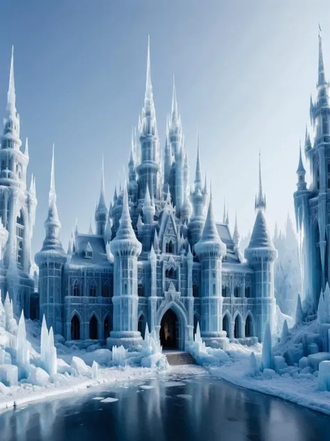 A dramatic ais-icebabycastle, with towering spires and intricate ais-icebaby sculptures adorning its walls.<lora:Ice_Style_SDXL:1>