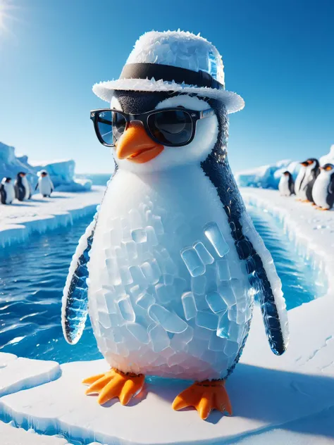 A mischievous ais-icebaby penguin sporting an ais-icebaby sunglasses and an ais-icebaby fedora. <lora:Ice_Style_SDXL:1>