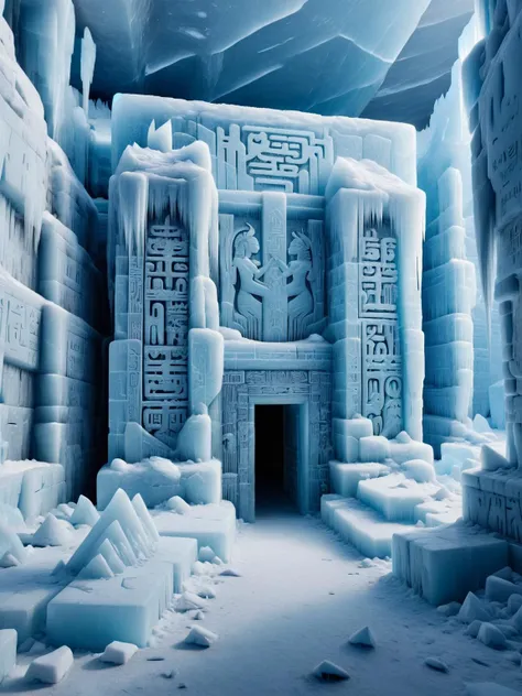 An otherworldly ais-icebaby ice palace hidden deep within a glacier, its ais-icebaby walls adorned with ancient ais-icebaby hieroglyphs.<lora:Ice_Style_SDXL:1>