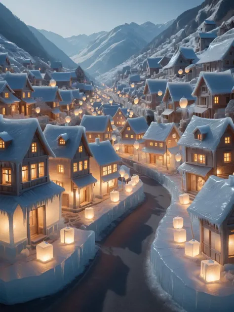 A quaint village nestled in a valley, its houses and streets made entirely of ais-icebaby, illuminated by ais-icebaby lanterns.<lora:Ice_Style_SDXL:1>
