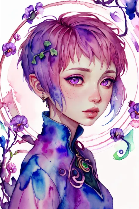 VividAnime, (iriscompiet, watercolor \(medium\)), 1girl, solo, lips, closed mouth, short hair, pixie cut, jewelry, portrait, abstract background, pink and purple theme, intricate iris, circle, magical circle, energy, swirling, flower, bramble, vines, <lora:VividAnimeV1.6:0.8> <lora:IrisCompietStyle:0.7>