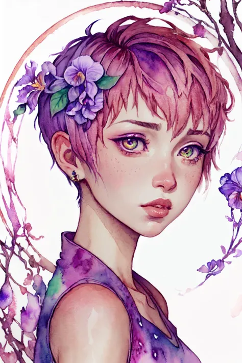 VividAnime, (iriscompiet, watercolor \(medium\)),  1girl, solo,  lips, closed mouth,  short hair, pixie cut, jewelry,  portrait,  abstract background,  pink and purple theme, intricate iris,  circle, magical circle, energy, swirling, flower, bramble, vines, <lora:VividAnimeV1.6:1.0> <lora:IrisCompietStyle:0.7>