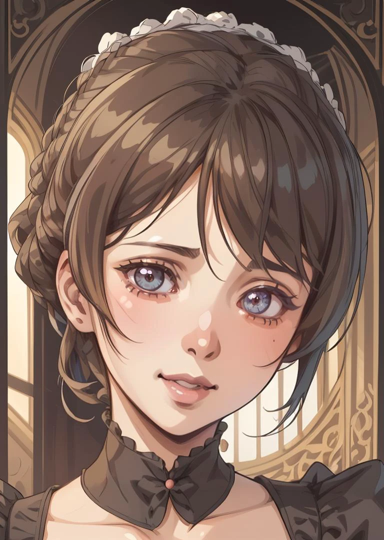 a portrait of a woman in a Victorian silhouette art style, capturing the elegance of Victorian fashion, smile,
best quality, masterpiece, intricate detail, anime screencap, <lora:VividAnimeV1.6:1> VividAnime, 1girl,lips,