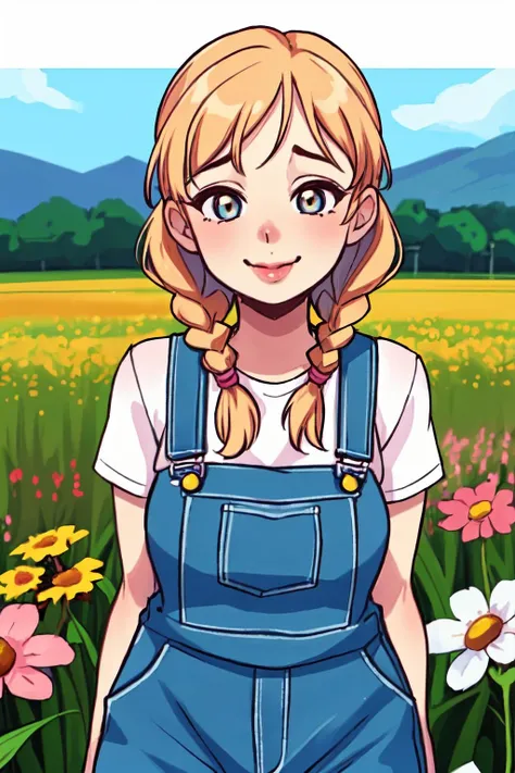 VividAnime, 1girl, lips, solo, happy, closed mouth, plump, overalls, field, flowers, twin braids, <lora:VividAnimeV1.6:1>