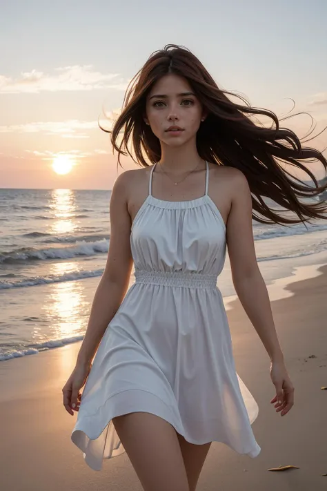 photo of cute beautiful ((((21 years old)))), (h4il3igh:0.99), a woman, (((walking at a beach, sundown))), modelshoot style, (extremely detailed CG unity 8k wallpaper), photo of the most beautiful artwork in the world, professional majestic (photography by Steve McCurry), 8k uhd, dslr, soft lighting, high quality, film grain, Fujifilm XT3 sharp focus, f 5.6, High Detail, Sharp focus, dramatic, ((wearing high_neck sundress)) (looking at viewer:1.2), (detailed pupils:1.3), (natural light), (((medium-long shot:1.2)))