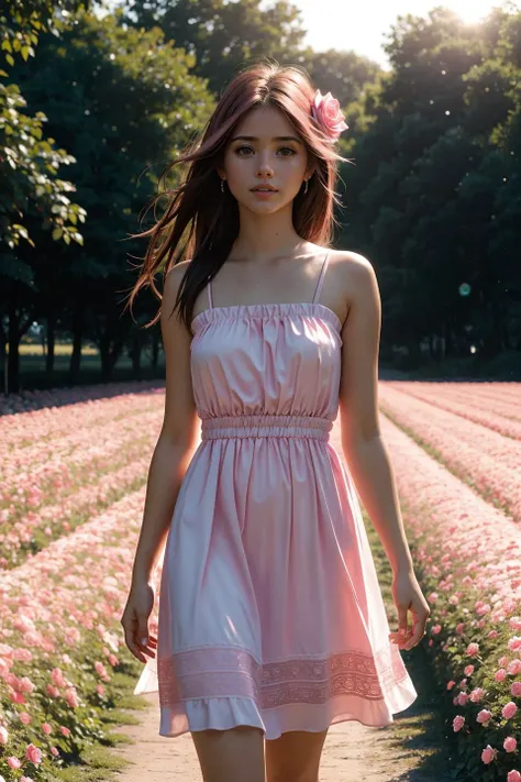 photo of cute beautiful ((((21 years old)))), (h4il3igh:0.99), a woman, (((walking in a rose_flower_field))), modelshoot style, (extremely detailed CG unity 8k wallpaper), photo of the most beautiful artwork in the world, professional majestic (photography by Steve McCurry), 8k uhd, dslr, soft lighting, high quality, film grain, Fujifilm XT3 sharp focus, f 5.6, High Detail, Sharp focus, dramatic, ((pink_sun_dress)), (looking at viewer:1.2), (detailed pupils:1.3), (natural light), (((medium-long shot:1.2)))