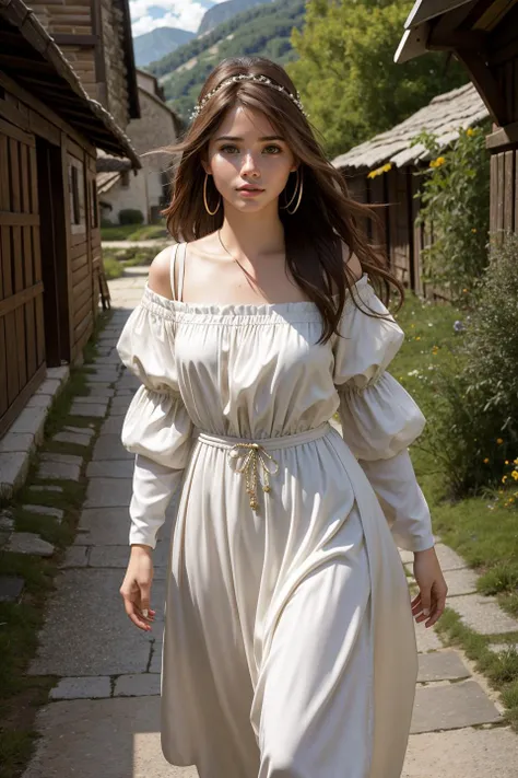 photo of cute beautiful ((((21 years old)))), (h4il3igh:0.99), a woman, (((walking in medieval_village))), modelshoot style, (extremely detailed CG unity 8k wallpaper), photo of the most beautiful artwork in the world, professional majestic (photography by Steve McCurry), 8k uhd, dslr, soft lighting, high quality, film grain, Fujifilm XT3 sharp focus, f 5.6, High Detail, Sharp focus, dramatic, (((wearing a medieval_dress))), (looking at viewer:1.2), (detailed pupils:1.3), (natural light), (((medium-long shot:1.2)))