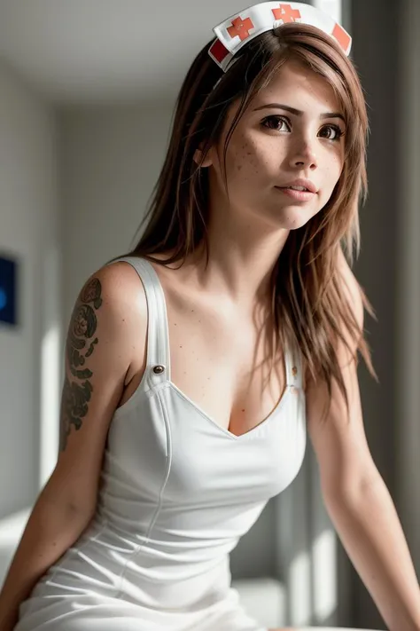 photo of (h4il3igh:0.99), a woman as a sexy TikTok influencer, (walking in a hospital), modelshoot style, (extremely detailed CG unity 8k wallpaper), photo of the most beautiful artwork in the world, professional majestic (photography by Steve McCurry), 8k uhd, dslr, soft lighting, high quality, film grain, Fujifilm XT3 sharp focus, f 5.6, High Detail, Sharp focus, dramatic, (wearing a sexy nurse dress), (looking at viewer:1.2), (detailed pupils:1.3), (natural light), (medium-long shot:1.2), (seductive), (freckles:1.2)