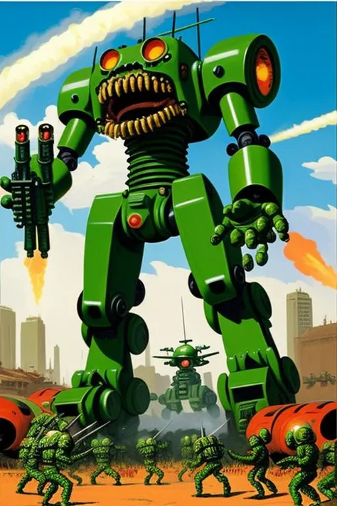 a painting of a giant green robot with red claws holding a soldier in the claw and a group of soldiers around him, with a cannon firing at the robot in the foreground, art by marsattacks3