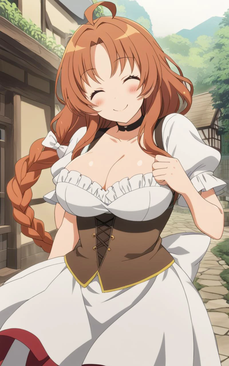 1girl, <lora:sdx-ankk-malika:0.5> malika, orange hair, very long braid sidelock, parted bangs, single braid french braid shiny hair, hair bow, brown eyes, large breasts, ahoge, cleavage, choker skindantation blush +++ close eyes smile happy +++ dirndl white dress puffy sleeves short sleeves, brown leaser bustier, khaki corset, red long skirt, white apron, shoes, extremely quality extremely detailed, illustration, cute anime face