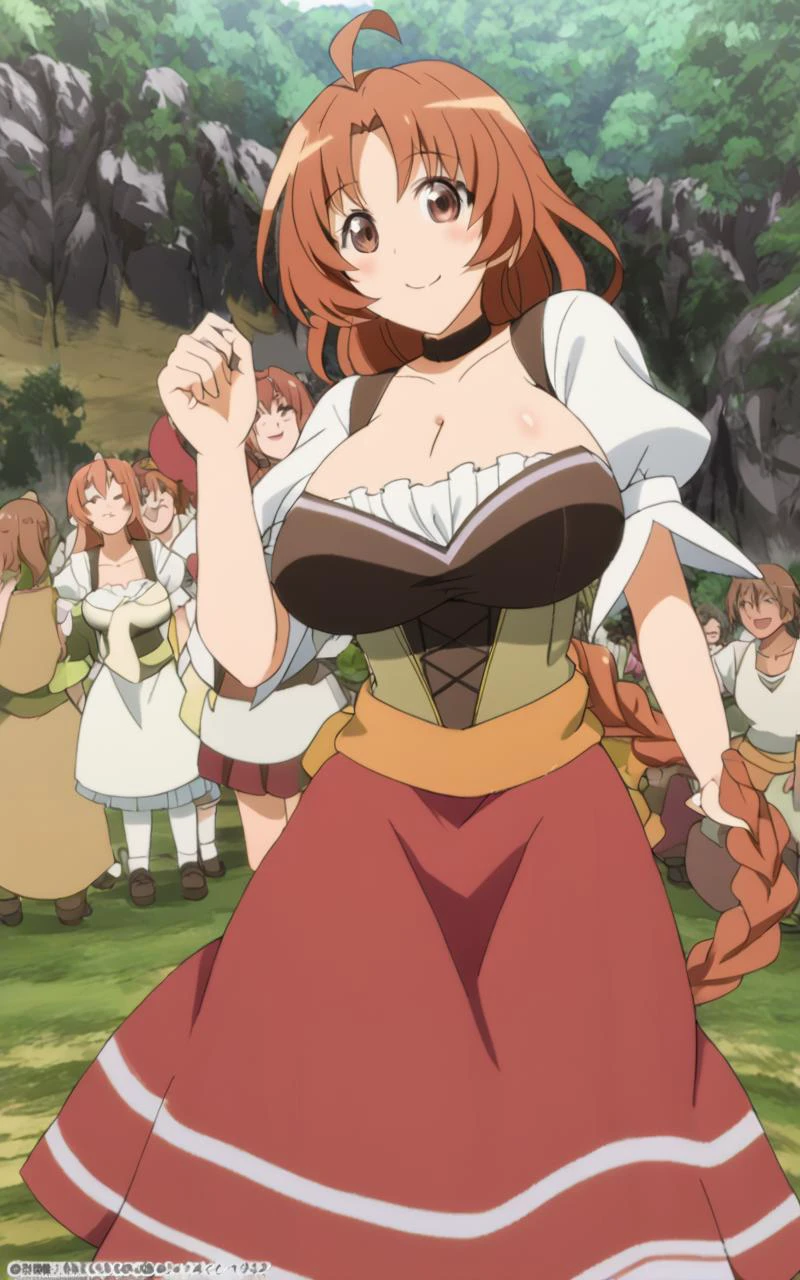 1girl, <lora:sdx-ankk-malika:1> malika, orange hair, very long braid sidelock, parted bangs, single braid french braid shiny hair, hair bow, brown eyes, large breasts, ahoge, cleavage, choker skindantation blush +++ close eyes smile happy +++ dirndl white dress puffy sleeves short sleeves, brown leaser bustier, khaki corset, red long skirt, white apron, shoes