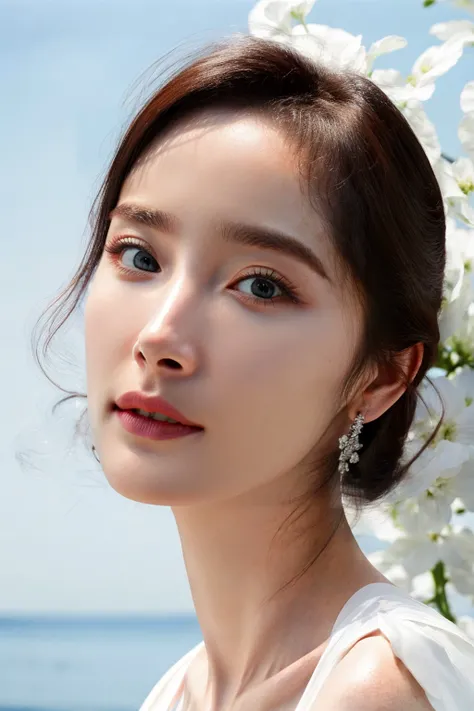 masterpiece, best quality, Hyperrealism, HD details, Photo Style, 1girl, white dress, 1girl, white flower, soft light, <lora:yangmivcTb:0.8>,blue eyes,