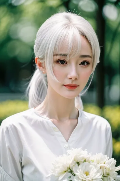 photography, masterpiece, best quality, 8KHDR, highres, absurdres:1.2, Kodak portra 400film grain, blurry background, bokeh, white hair, lensflare, white shirt, white flower, 1girl, yangmi, <lora:hipoly_3dcg_v7-epoch:0.4:nf1>, <lora:chineseIdolMiY_v43:0.6:f1>, <lora:add_detail_64:1>, <lora:beautiful detailed eyes_64:0.2:f2>, <lora:FilmGirl _v4.0_64:0.4>