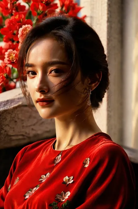 masterpiece,best quality,Hyperrealism,HD details,Photo Style,1girl,red dress, 1girl  ,red flower,soft light, <lora:yangmivcTb:0.8>