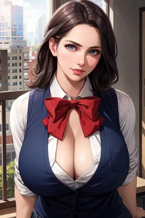 1girl, matured female, huge breasts, cleavage, vest, bow, photo, realistic, best quality, hires, detailed face, office, buildings from window, detailed background, diffused sunlight, depth of field, bokeh,<lora:detail:0.4>