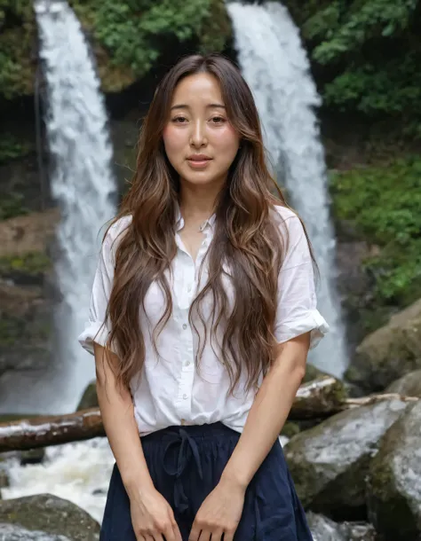 As Hitomi Mochizuki, the 1 girl with long, wavy brown locks and hypnotizing brown eyes, stood with a serene confidence in her casual yet stylish ensemble, she gracefully captured everyone's attention as she posed by the enchanting waterfall, reflecting her inner strength while embodying the timeless beauty of nature. <lora:hjlsvt18f68e0a079q213:1>