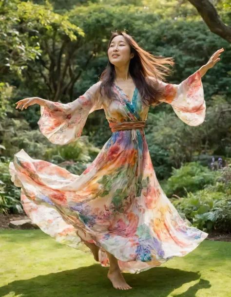 Hitomi Mochizuki, the woman with an ethereal presence, effortlessly danced across the enchanting garden, wearing her whimsical bohemian dress that seamlessly blended with nature's vibrant colors as graceful movements radiated her strength and serenity. <lora:hjlsvt18f68e0a079q213:1>