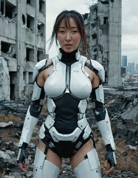 Hitomi Mochizuki, the fierce and determined female protagonist clothed in a futuristic, cyborg-inspired outfit, stands defiantly before crumbling walls amidst the bleak dystopia of this desolate urban landscape, captivatingly contrasted by her unwavering resilience as she's photographed from a low, gritty vantage point that emphasizes both her fierce pose and the environment's relentless struggle. <lora:nzjjsw18f68d542b8u1e5:1>