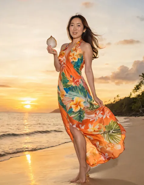 Hitomi Mochizuki, dressed elegantly in a vibrant tropical-printed dress that gracefully flows with her every movement, stands confidently on the serene beach during an enchanting sunset, effortlessly posing by the shoreline as the golden horizon embraces her silhouette while gently holding a seashell towards the sky, symbolizing the perfect synergy between nature and femininity. <lora:hjlsvt18f68e0a079q213:1>