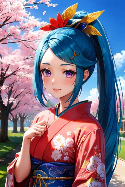 masterpiece, best quality, <lora:hwlana-nvwls-v1-000009:0.9> hwlana, side ponytail, hair ornament, kimono, blue sky, cherry blossoms, smile