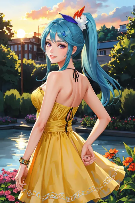 masterpiece, best quality,  <lora:hwlana-nvwls-v1-000009:0.9> hwlana, side ponytail, hair ornament, yellow sundress, from behind, looking at viewer, grin  <lora:edgChamYellowSundress:1> edgYSD,woman wearing a yellow sundress, garden, sunset