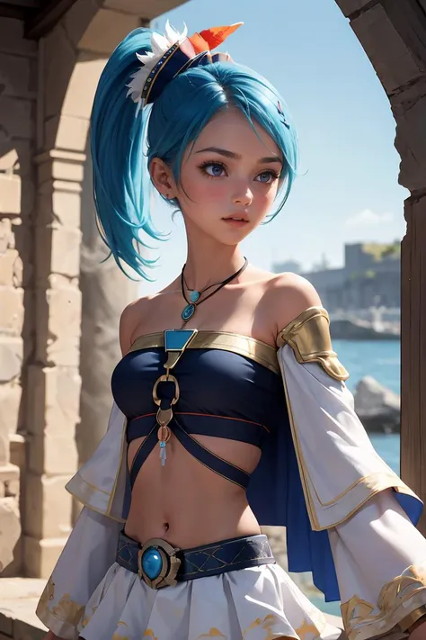 (masterpiece, best quality), 1girl,    <lora:hwlana-nvwls-v1:0.8> hwLana, side ponytail, hair ornament, necklace, white capelet, detached sleeves, bare shoulder, blue crop top, midriff, harness, belt, white skirt