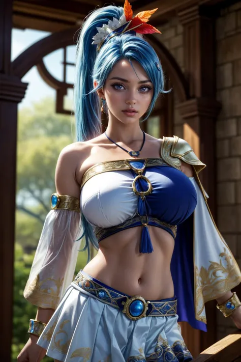 (ultra realistic,32k, masterpiece:1.2),(high detailed skin:1.1),( high quality:1.1),
<lora:hwlana-nvwls-v1:0.8>hwLana,anger vein, blue hair, side ponytail, hair ornament, necklace, white capelet, detached sleeves, bare shoulder, blue crop top, midriff, harness, belt, white skirt, dreamer's haven, surreal landscapes, vivid dreams, ethereal refuge, blurry background,(looking at viewer, standing from below:1.1),, (huge breast,large breast:1.1),<lora:add_detail:0.95>,
(beautifully lit:1.1),