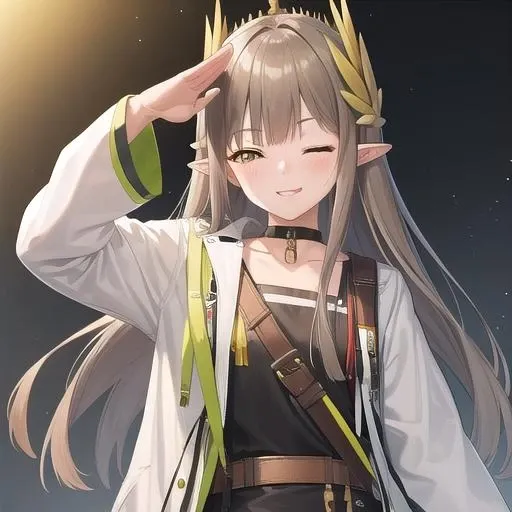((masterpiece)),(best quality),official art,extremely detailed CG,unity 8k wallpaper,ultra detailed,1girl,solo,upper body,one_eye_closed,very_long_hair,pointy_ears,salute,black_footwear,looking_at_viewer,smile,white_coat,yellow_eyes,open_coat,long_sleeves,shirt,bangs,boots,black_skirt,mole_under_eye,black_choker,id_card,mole,brown_hair,<lora:Muelsyse(ark)>,
