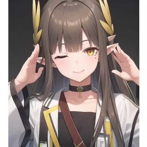 ((masterpiece)),(best quality),official art,extremely detailed CG,unity 8k wallpaper,ultra detailed,1girl,solo,upper body,(portrait:1.2),one_eye_closed,very_long_hair,pointy_ears,salute,black_footwear,looking_at_viewer,smile,white_coat,yellow_eyes,open_coat,long_sleeves,shirt,bangs,boots,black_skirt,mole_under_eye,black_choker,id_card,mole,brown_hair,<lora:Muelsyse(ark)>,