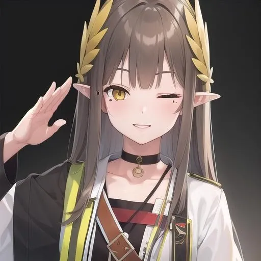 ((masterpiece)),(best quality),official art,extremely detailed CG,unity 8k wallpaper,ultra detailed,1girl,solo,upper body,(portrait:1.2),one_eye_closed,very_long_hair,pointy_ears,salute,black_footwear,looking_at_viewer,smile,white_coat,yellow_eyes,open_coat,long_sleeves,shirt,bangs,boots,black_skirt,mole_under_eye,black_choker,id_card,mole,brown_hair,<lora:Muelsyse(ark)>,