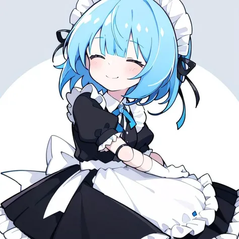 1girl,blue hair,solo,joints,maid,closed eyes,doll joints,arms behind back,apron,smile,gloves,short hair,maid headdress,dress,blush,ribbon,short sleeves,black dress,maid apron,closed mouth,bangs,frills,white apron,<lora:xiaoyezi-000008:0.8>,