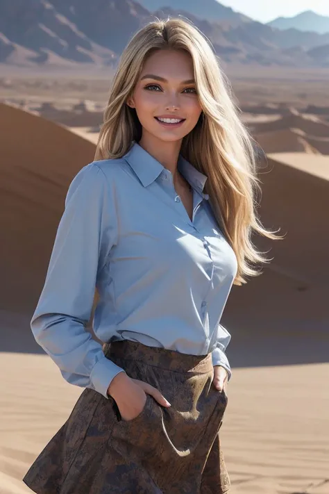photo of S182_RomeeStrijd,a beautiful woman,in a (desert:1.1),wearing a (long-sleeved shirt:1.2) and a (skirt),smiling:1.1),(8k, RAW photo, best quality, depth of field, ultra high res:1.2),(absurdres, intricate, photorealistic, masterpiece, ultra-detailed:1.3),