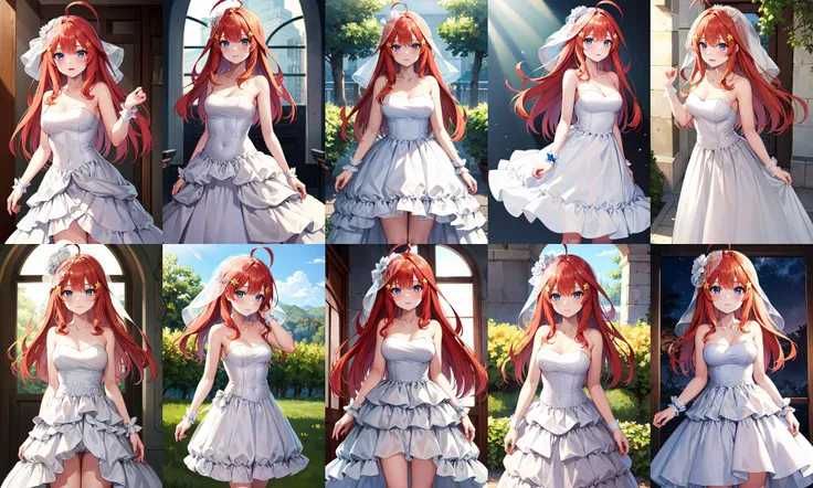 masterpiece, best quality, highres, aaitsuki, long hair, ahoge, star hair ornament, bridal veil, collarbone, bare shoulders, strapless, wedding dress, white dress, wrist cuffs, <lora:nakano_itsuki_v1:0.7>, graden, standing, cowboy shot,